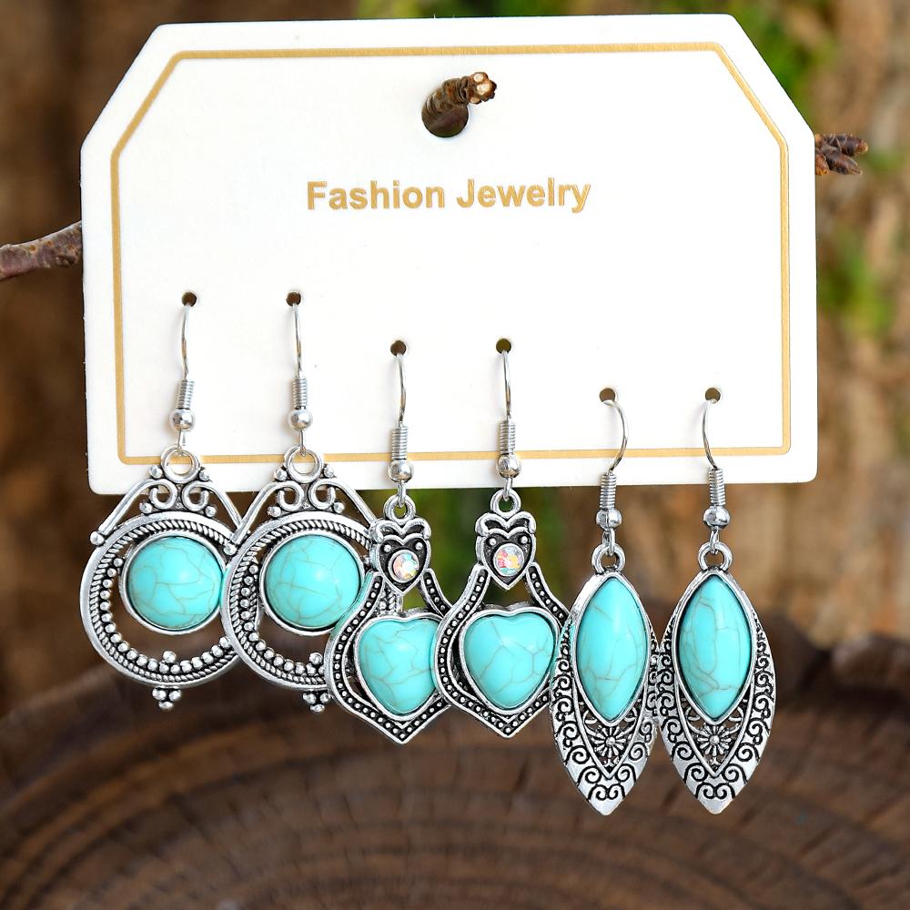 

3 пары сережек под античное серебро с бирюзой, геометрические эффектные серьги-подвески для женщин, на каждый день, для вечеринки, для работы, универсальные
