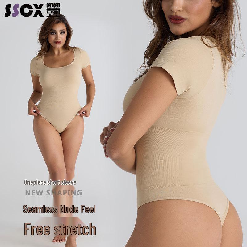 Seamless Ribbed Bodysuit: Women's Slim Fit Short Sleeve for Yoga and Fitness