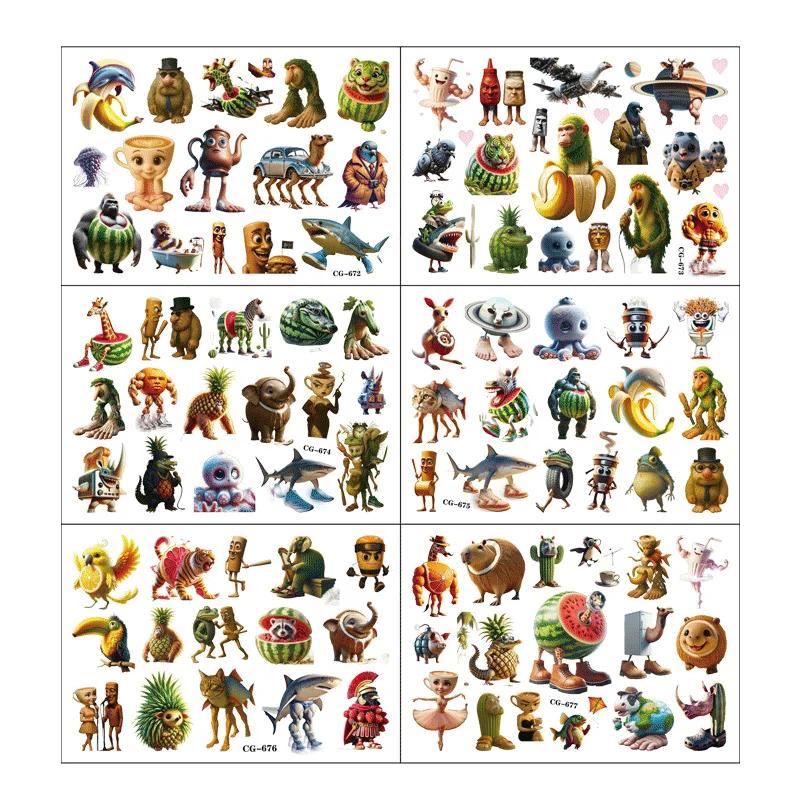 Abstract Tung Tung Sahur Animal Tattoo Stickers Italian Brainrot Funny Temporary Waterproof Tattoos Arm Decals Kids Party Gift