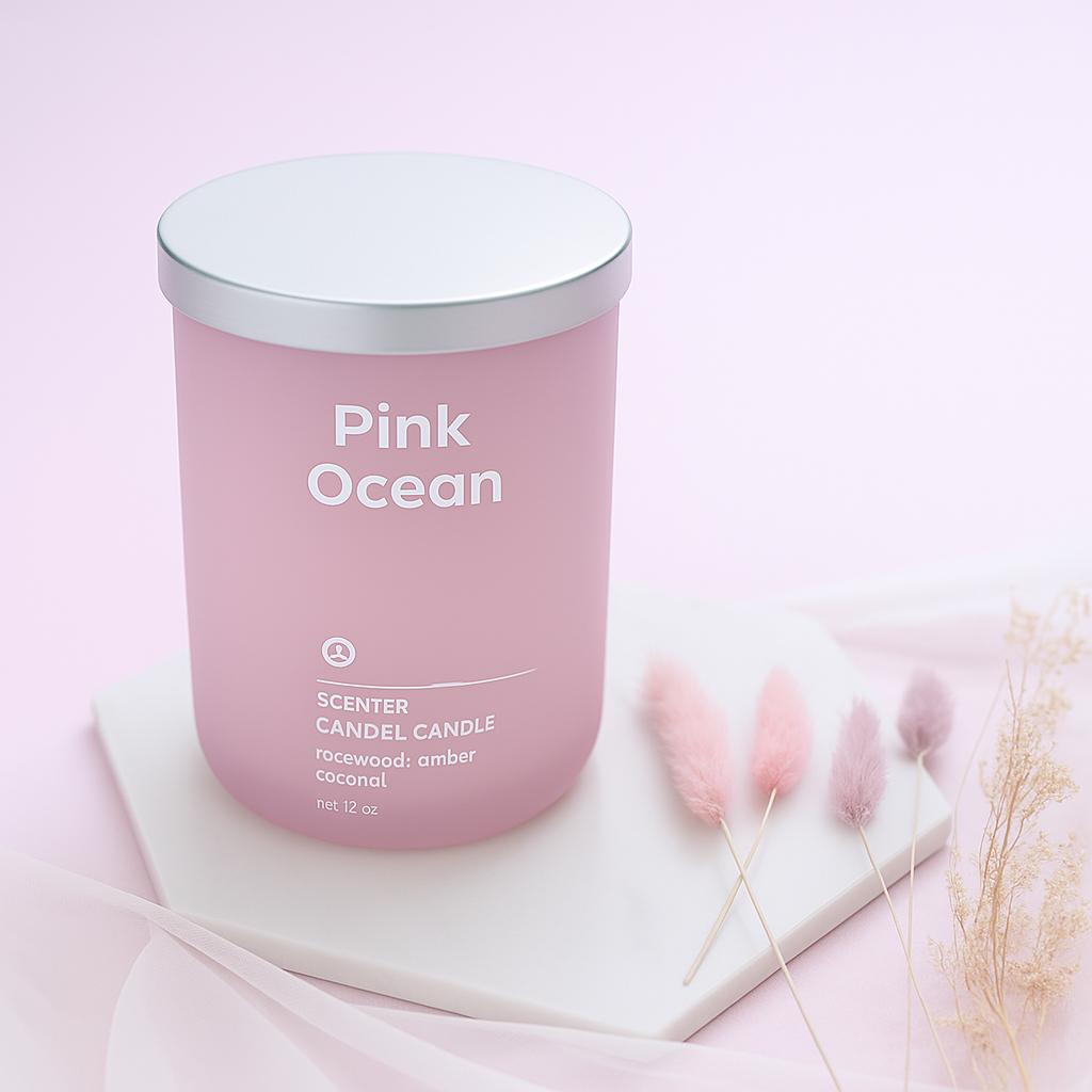 470g "Pink Ocean" Scented Candle – Large Colored Glass Jar with Steel Lid for Sweet Marine Ambiance