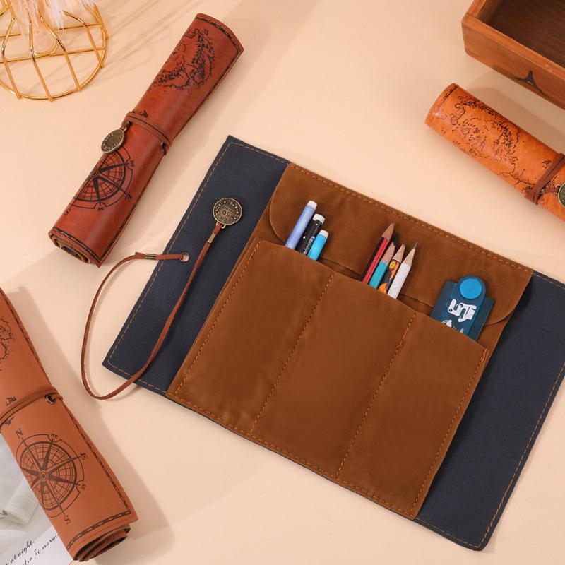 Vintage Treasure Map Design Roll Up Pencil Bag Large Capacity Leather Pen Case with Embossed Buckle Stationery Organizer