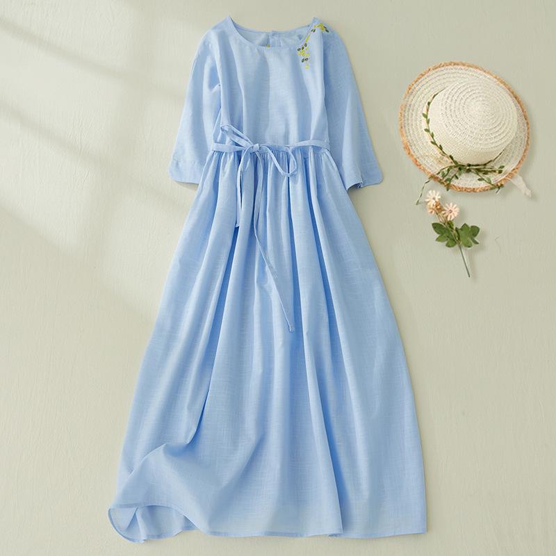 Women s Summer Retro Cotton Linen Embroidered Plus Size Dress with Three-Quarter Sleeves XL