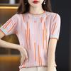 Summer Women Clothing Striped T-Shirts Contrast Color New Slim O-Neck Screw Thread Fashion Casual Short Sleeve Thin Knitted Tops