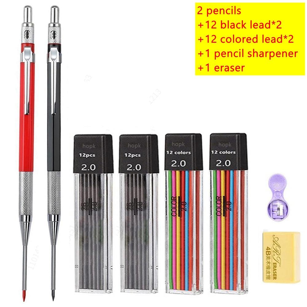 30mm Deep Hole Long Nib Mechanical Pencil Set Solid Carpenter Woodworking Tools 2.0mm 12 Colors Refill Construction Tools