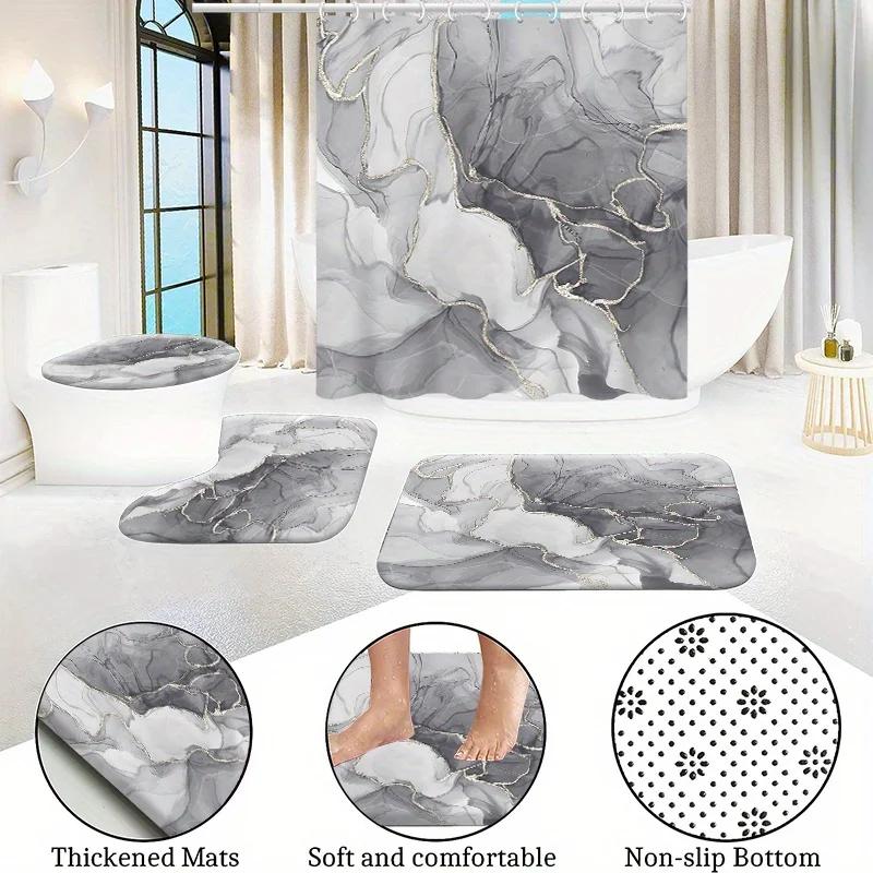 Elegant Marble Design Bathroom Set: Waterproof Shower Curtain, Toilet Seat Cover, Non-Slip Rug, And 12 Hooks - Polyester Fabric,