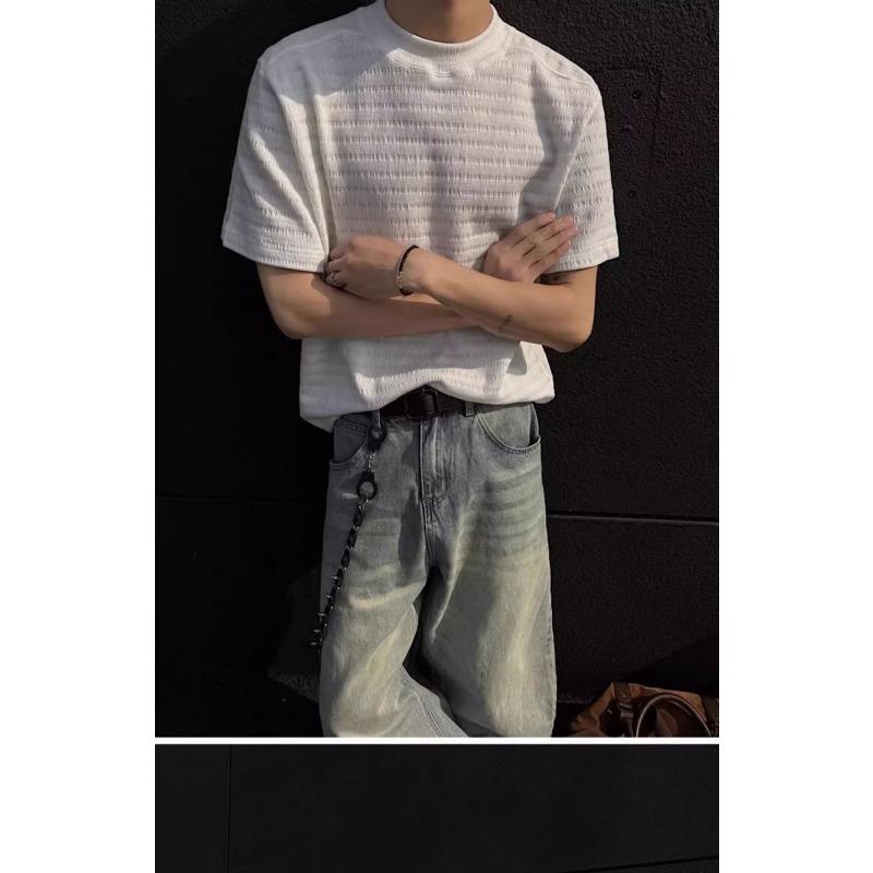 Men's Black Wfle Knit Crew Neck T-Shirt Casual Oversized Short Sleeve Top