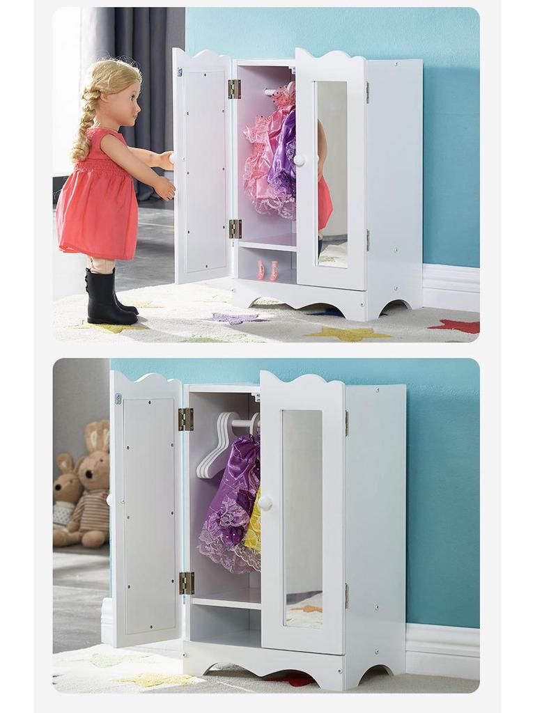 Double Door Wooden Doll Wardrobe - Fun Educational Toy for Girls