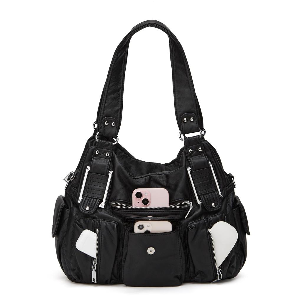 Ladies' Fashionable Retro Lychee Patterned Tote Bag, Large Capacity Washed Multi Pocket Shoulder Bag