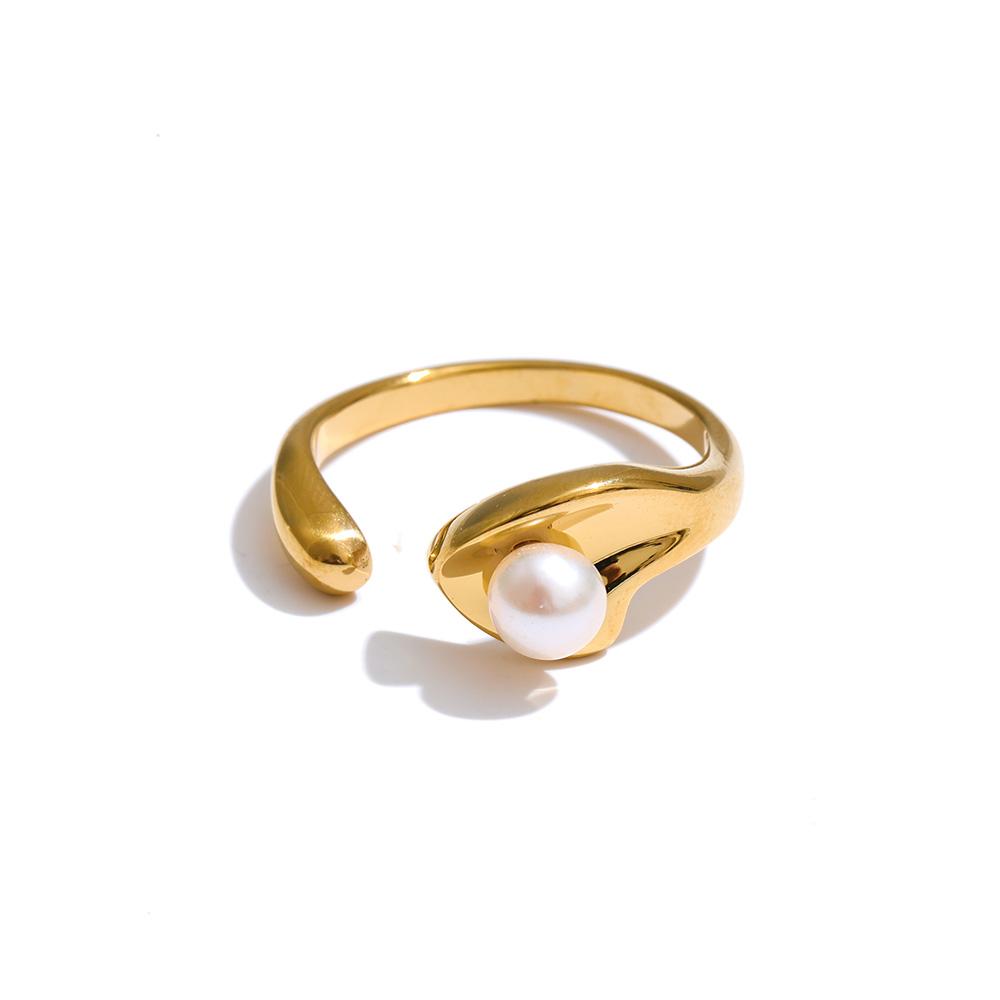 

Yhpup New Stainless Steel Imitation Pearl Adjustable Ring Prevent Allergy Metal PVD Plated Chic Fashion Finger Jewelry Recommend resizable
