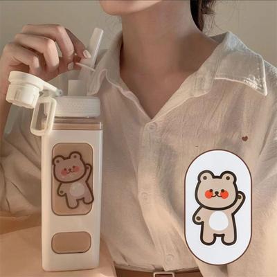Kawaii Pastel Straw Bottle New Transparent Square Cute Water Bottles Large Capacity Travel Outdoor Sport Cycling Bottle BPA Free