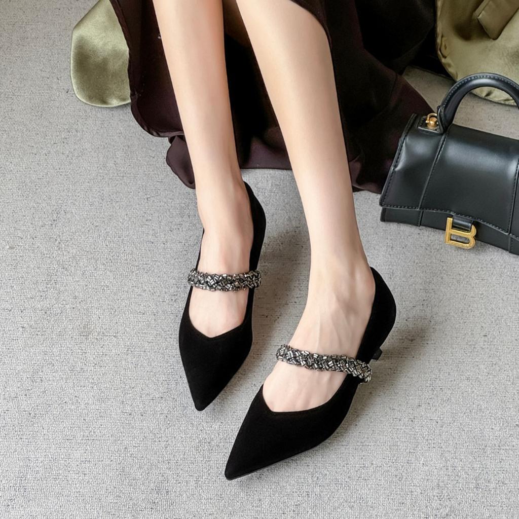 Golden Velvet Pointed Head Shallow Mouth High Heels Thin Heel Women's Rhinestone Comfortable Single Shoes 2025 Early Autumn New French High Sense