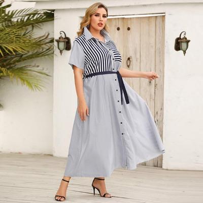 Plus Size Women's Summer Lapel Striped Short Sleeve Tie Shirt Dress XL-4XL