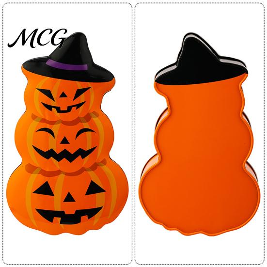 Candy Jar with Secure Lid Halloween Pumpkin Tin Box, Stacked Shaped Metal Treat Container Storage Lid, Orange Tinplate Case for Trick or Party Favors