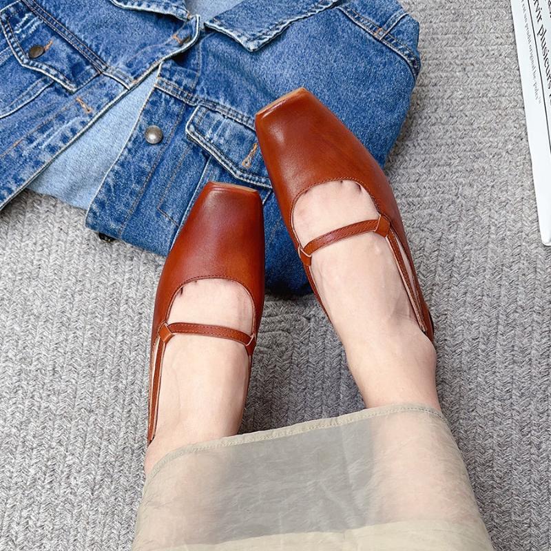 Johnature Echtes Leder Retro-Pumps mit niedrigem Absatz, Damenschuhe, quadratische Zehen, flache, bequeme Loafer-Schuhe