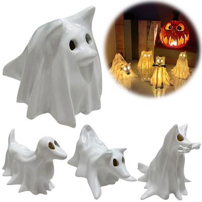 Halloween Ghost Decor with LED Night Lights Resin Crafts Cute Dog Model Resin Puppy Ornament for Home Party Display
