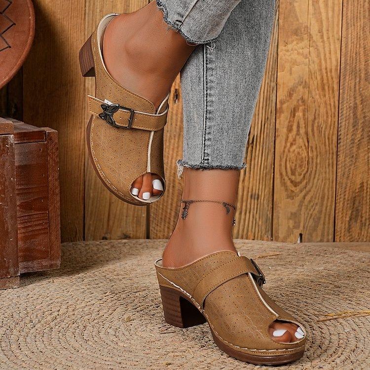 Large-Size Chunky Heel Sandals – Summer New Butterfly Decoration Height-Increasing Peep-Toe One-Band Slide Sandals for Women