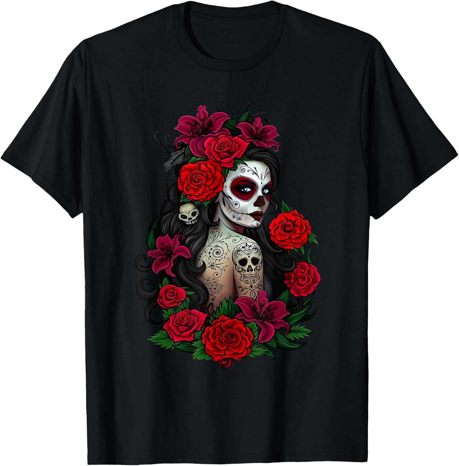 Sugar Skull Women De Los Muertos La Catrina Day Of The Dead T-Shirt XL