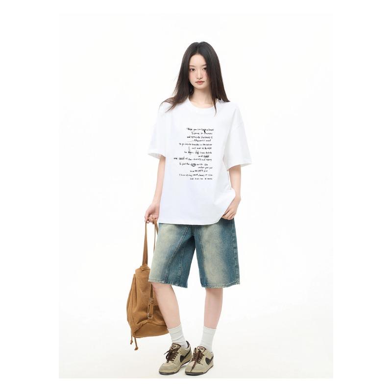 Korean Style Pure Cotton Letter Printed Short-sleeved Women's Summer Loose and Versatile Student Style Trendy Tops and Bottoming Shirts