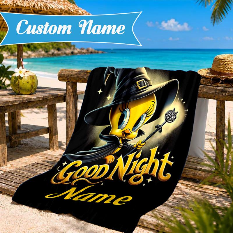 Custom Name Good Night Yellow Bird Heart In Space Adventure Microfiber Beach Towel, Lightweight for Summer Travel, Swimming Pool Fan Gift