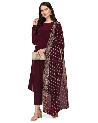 Damen Burgunder Poly-Krepp Gerades Kurta-Hosen-Set Mit Dupatta Party-Oberteil Tunika-Kleid