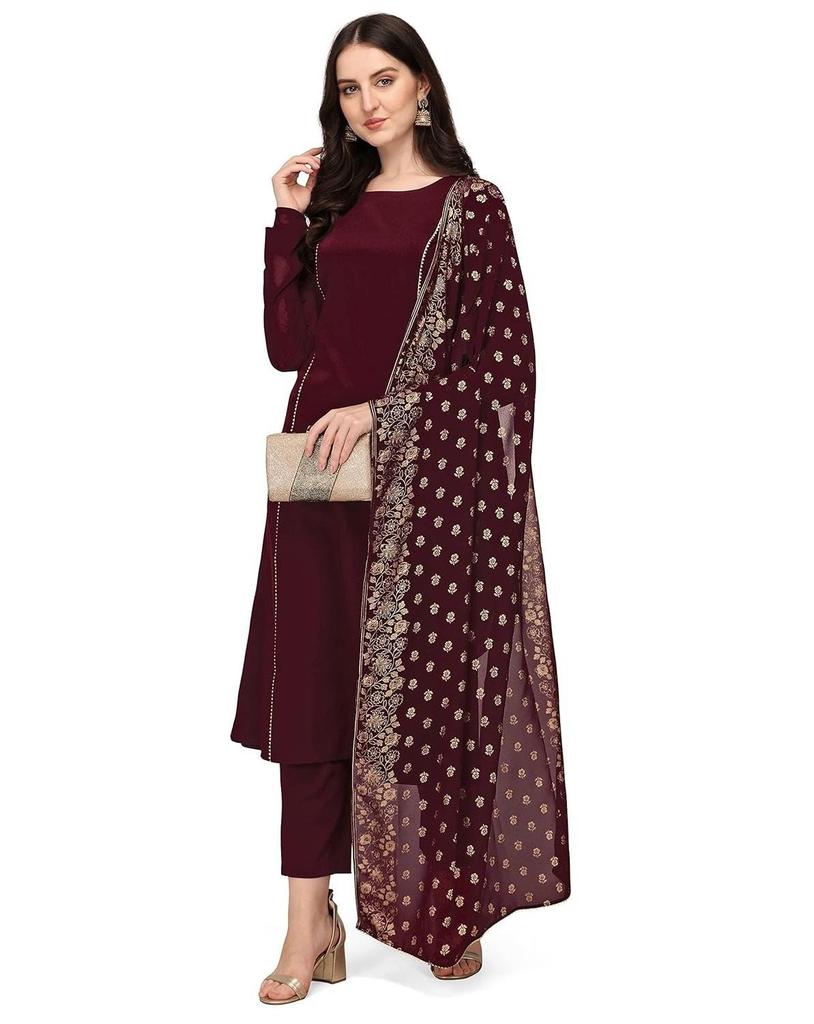 Women's Maroon Poly Crepe Straight Kurta Pant With Dupatta Set Party Wear Top Tunic Dress