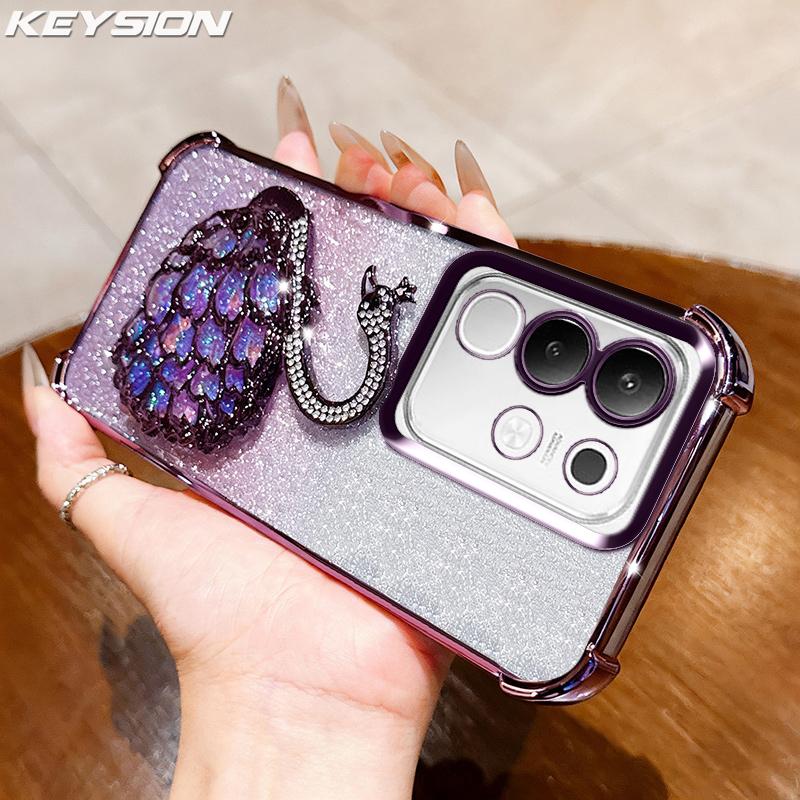 KEYSION Shockproof Plating Phone Case for VIVO Y29 4G Clear Soft TPU Glitter Jewelled Swan Kickstand Back Cover for IQOO Z10X 5G