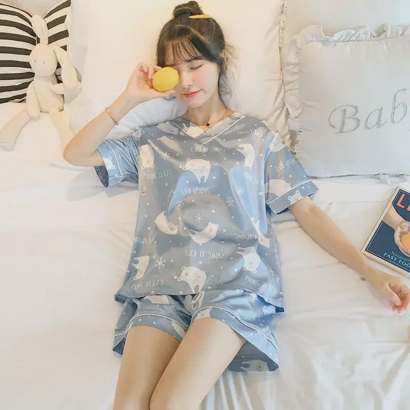 Women's V-Neck Cartoon Silk Pajama Set - Summer Short Sleeve 2022 Collection