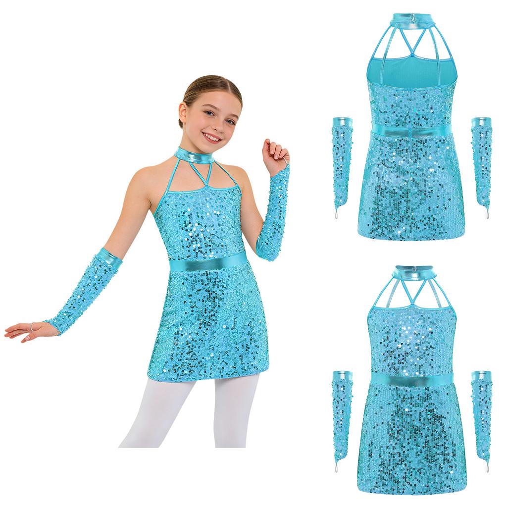 Kids Girls Jazz Dance Halter Dress Sleeveless Strappy Back Invisible Zipper Sparkling Sequins with 1 Pair Gloves for Stage Performance