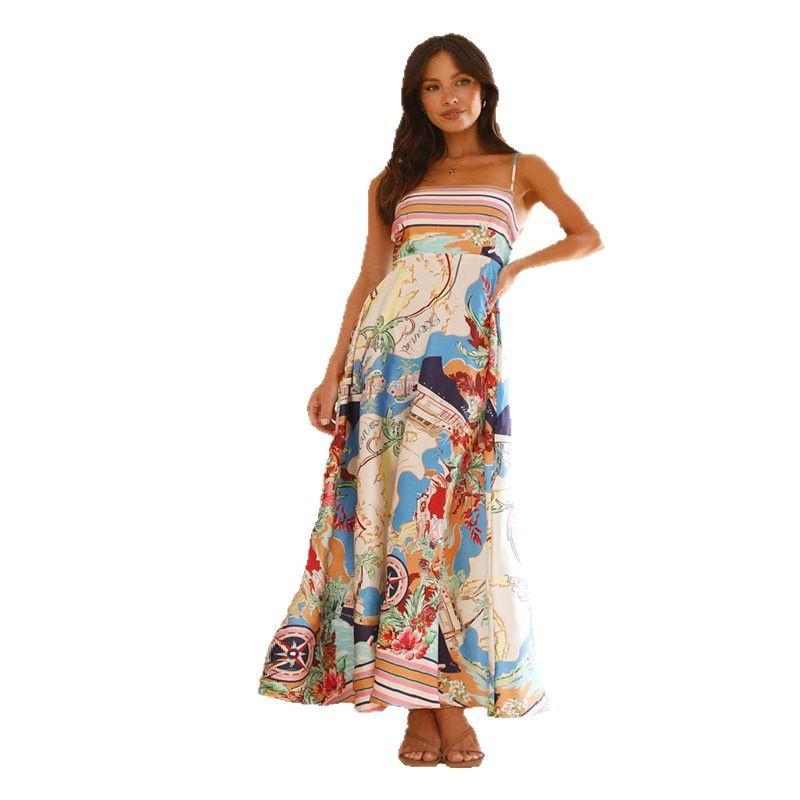 Spring and Summer European and American New Women's Clothing High Waist Printing Painted Holiday Wind Pendulum Suspender Dress Women