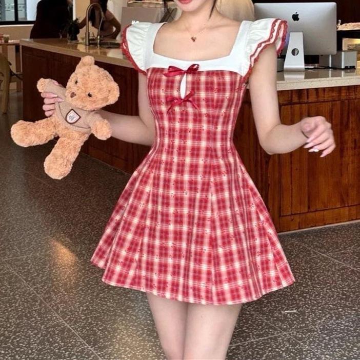 

Sweet Red Plaid Summer Academic Style Waist-Cinched Short Dress Large