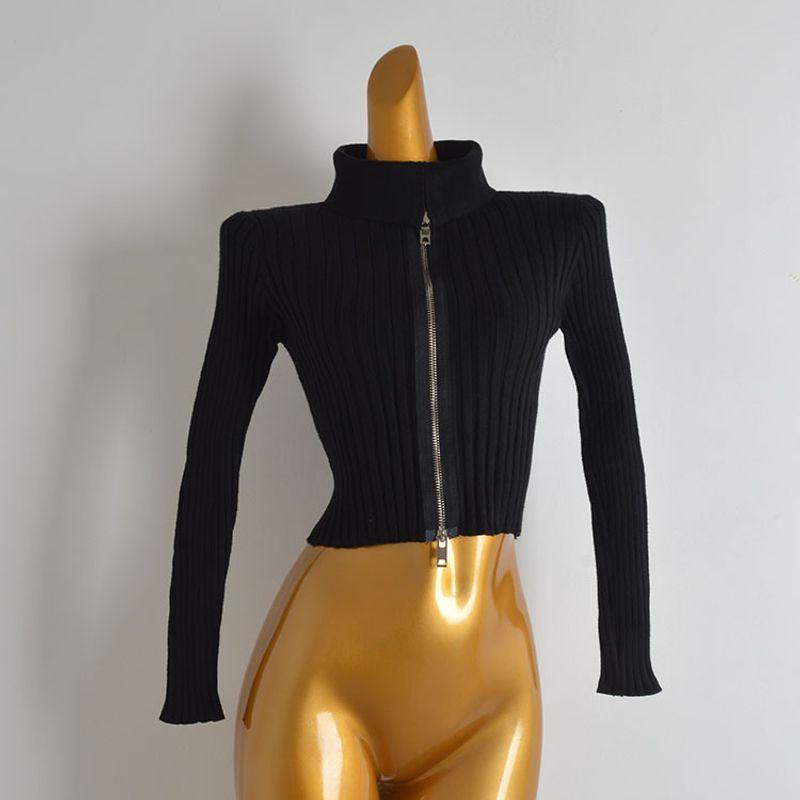 Spring & Fall New Arrival Vintage Stripe Turtleneck Double Zipper Knitting Cardigan Women's Clothes Silm Slimming and Short Sweater Top