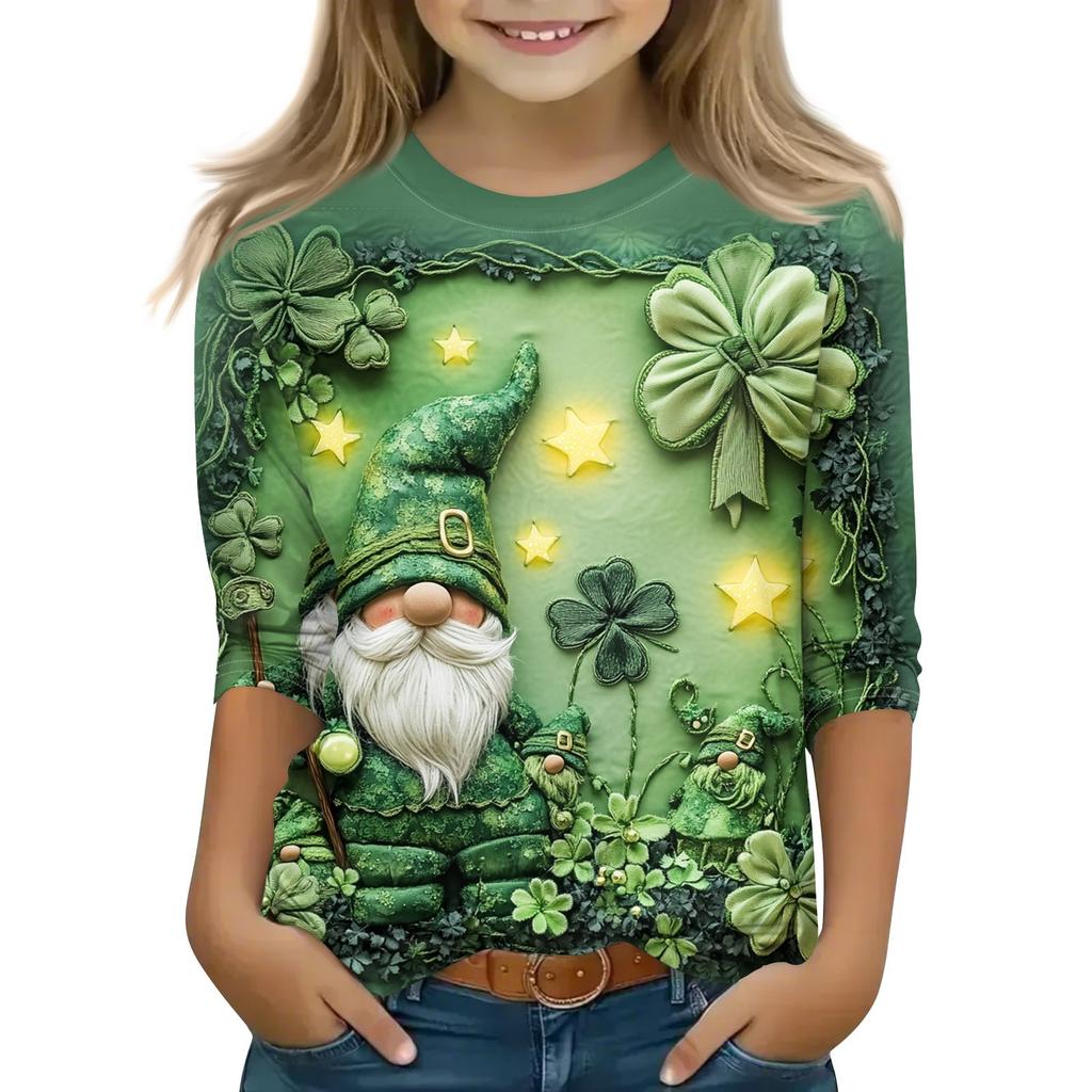 Print Tops For Youth Girls 5-16 Years Round Neck 3/4 Sleeves T-Shirts Trendy Tops Outfit Tees
