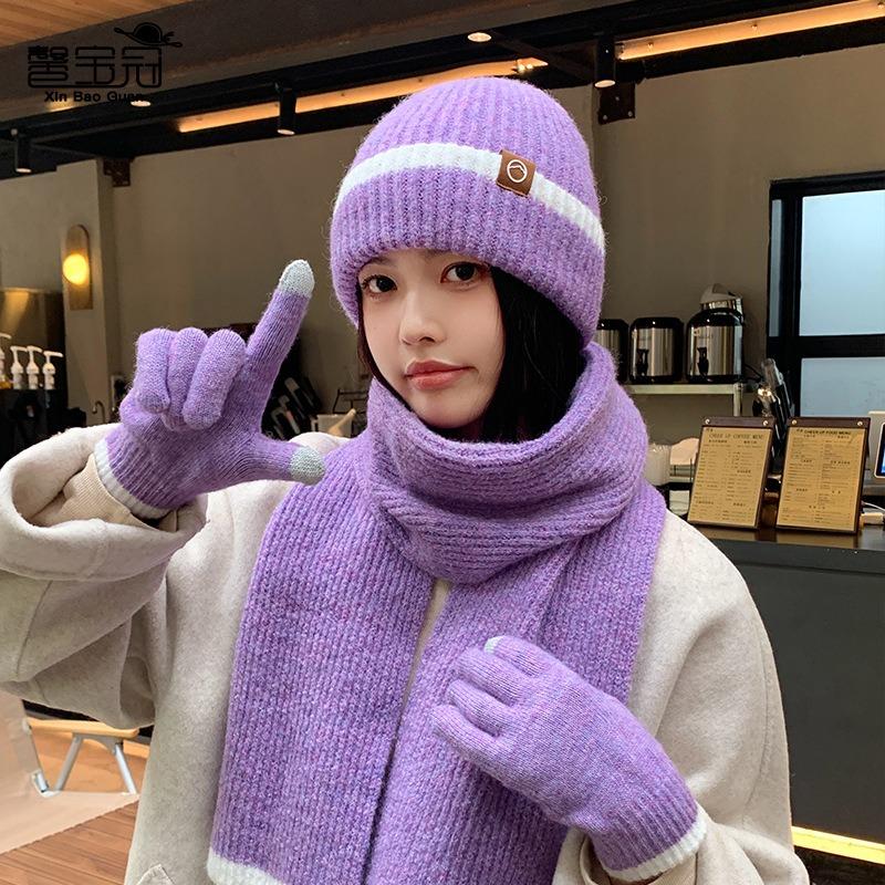 Winter knitted wool hat women's cold and warm hat scarf gloves three-piece fashion versatile ear protector pullover hat