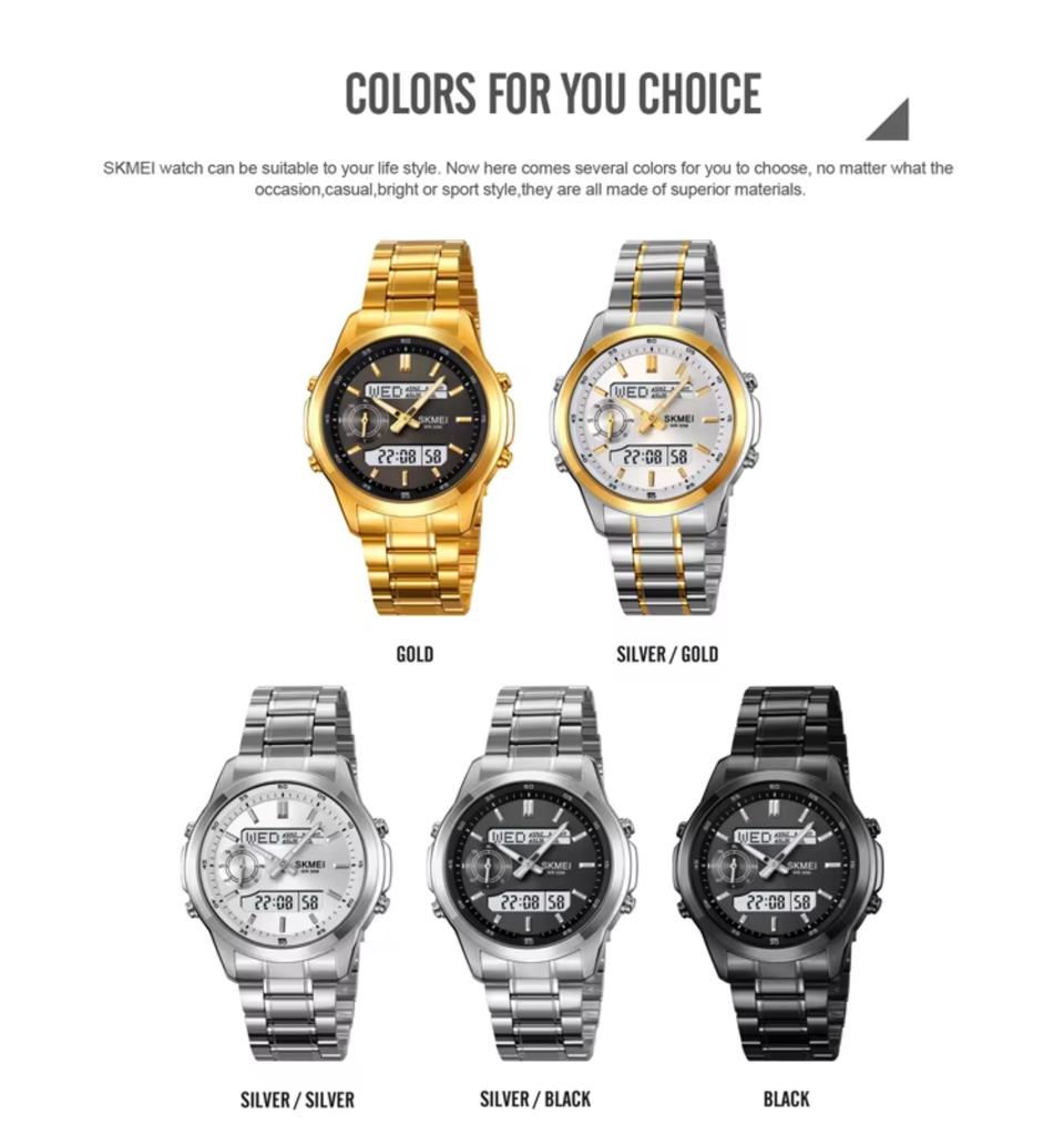 Model 2284 Business Steel Watch Waterproof Belt Double Display Quartz Watch Silver