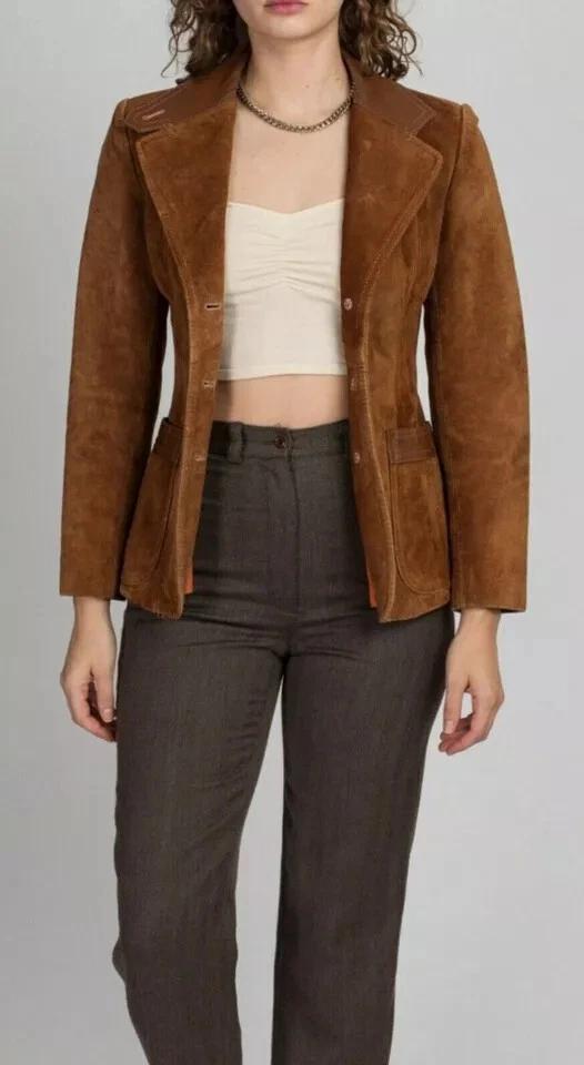 Women Real Soft Suede Leather Blazer Brown New Formal Handmade Stylish Casual