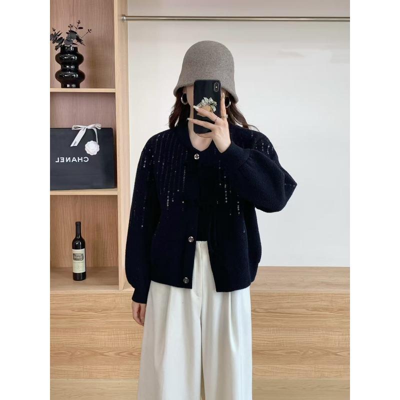 

Sequin button design sense knitted double-sided cardigan spring new retro loose sweater jacket women one size fits all чёрный