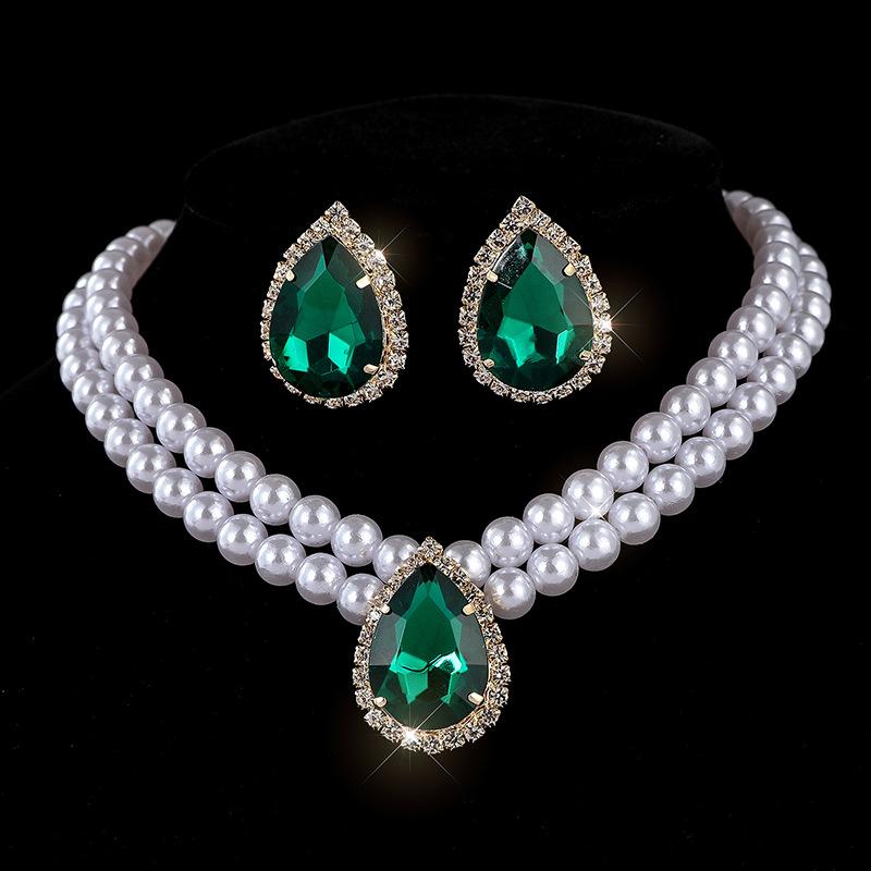 Pearl choker collarbone chain water drop bride multi-layer imitation pearl rhinestone necklace stud earrings set for women