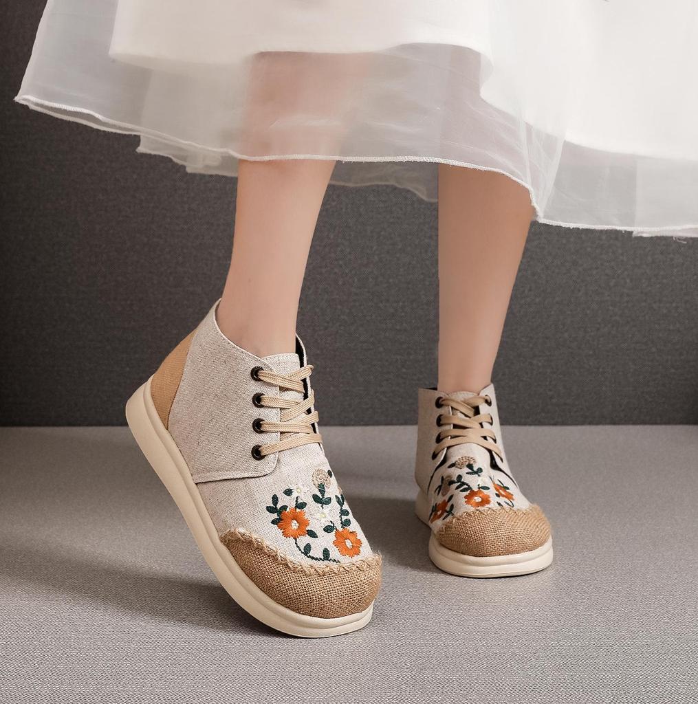 2025 Autumn/Winter Women's Retro Ethnic Embroidered High-Top Ankle Boots, Sporty Linen Cloth Shoes