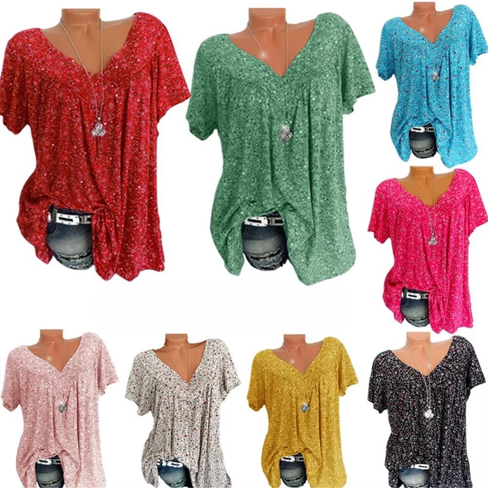 Summer T Shirt Women Top Chiffon New V-neck Loose Floral Printed T-shirts Short Sleeves Female Tee Tshirts