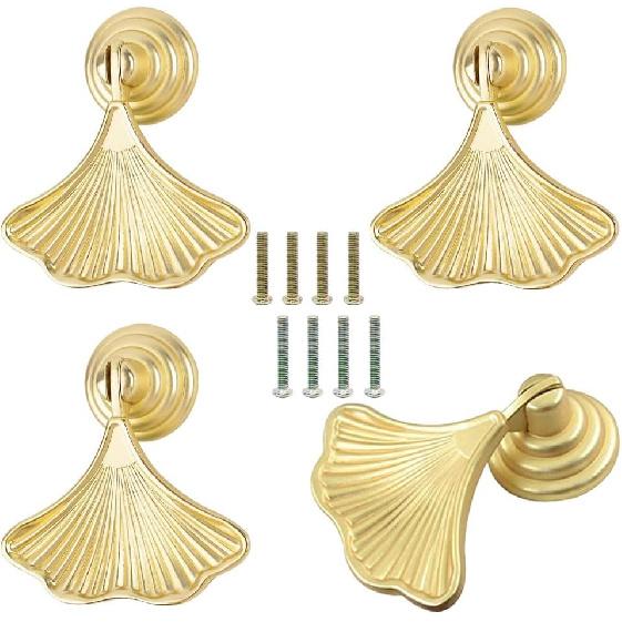 4 Pcs Ginkgo Leaf Shape Handles Golden Leaf Shape Knobs Golden Drop Pendant Pull Handles Single Hole Knobs Handles for Kitchen Furniture Cabinet