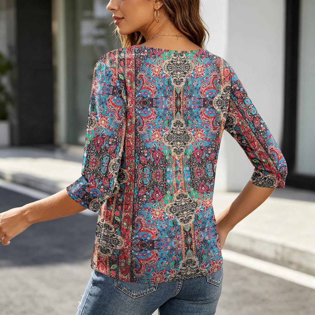 Women's Lightweight Loose Fit Vintage Floral Print Three-Quarter Sleeve Cardigan for Casual Daily Wear