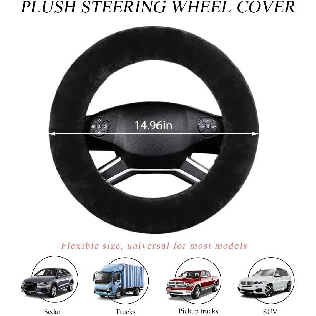 Car Fuzzy Steering Wheel Cover, 15 inch Fluffy Soft Steering Wheel Protector for Winter Warm, Anti-Slip Fuzzy Plush Vehicle Wheel Wrap Cover Interior