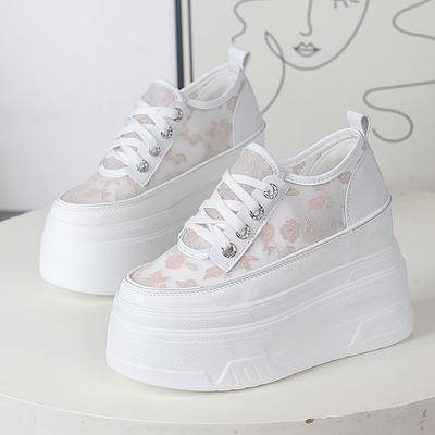 Fashion 12CM Air Mesh New Genuine Synthetic Leather Pumps Platform Wedge Summer Hollow Sandals Chunky Sneakers Women Fashion Shoes