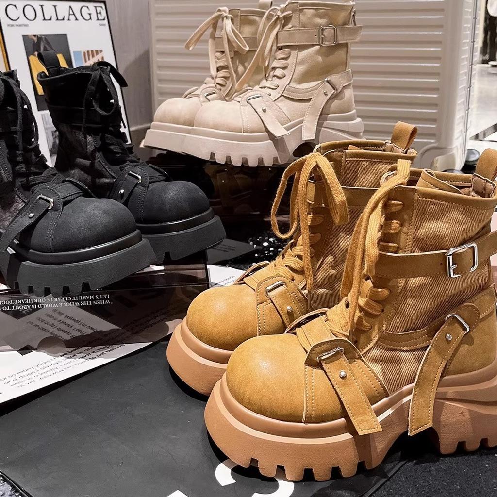 Martin Boots Damen ins super hot großer Kopf Denim Gürtelschnalle handsome kurze Stiefel dicksohlige Muffin Lokomotivstiefel Rhabarberstiefel