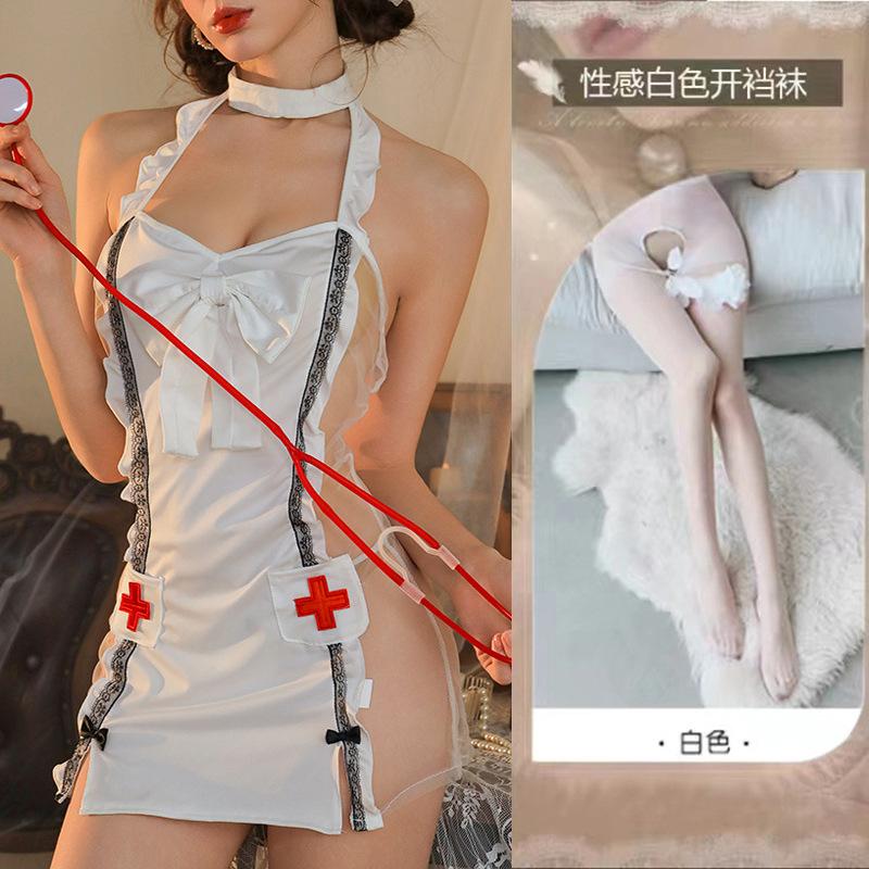 Lingerie Suspender Lace Perspective Nurse Hot Sexy Passion Bed Bow Uniform Cover