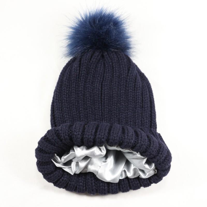 New Protective Hairstyle Silky Elastic Removable Hairball Satin Knitted Hat, Wool Hat, Ladies