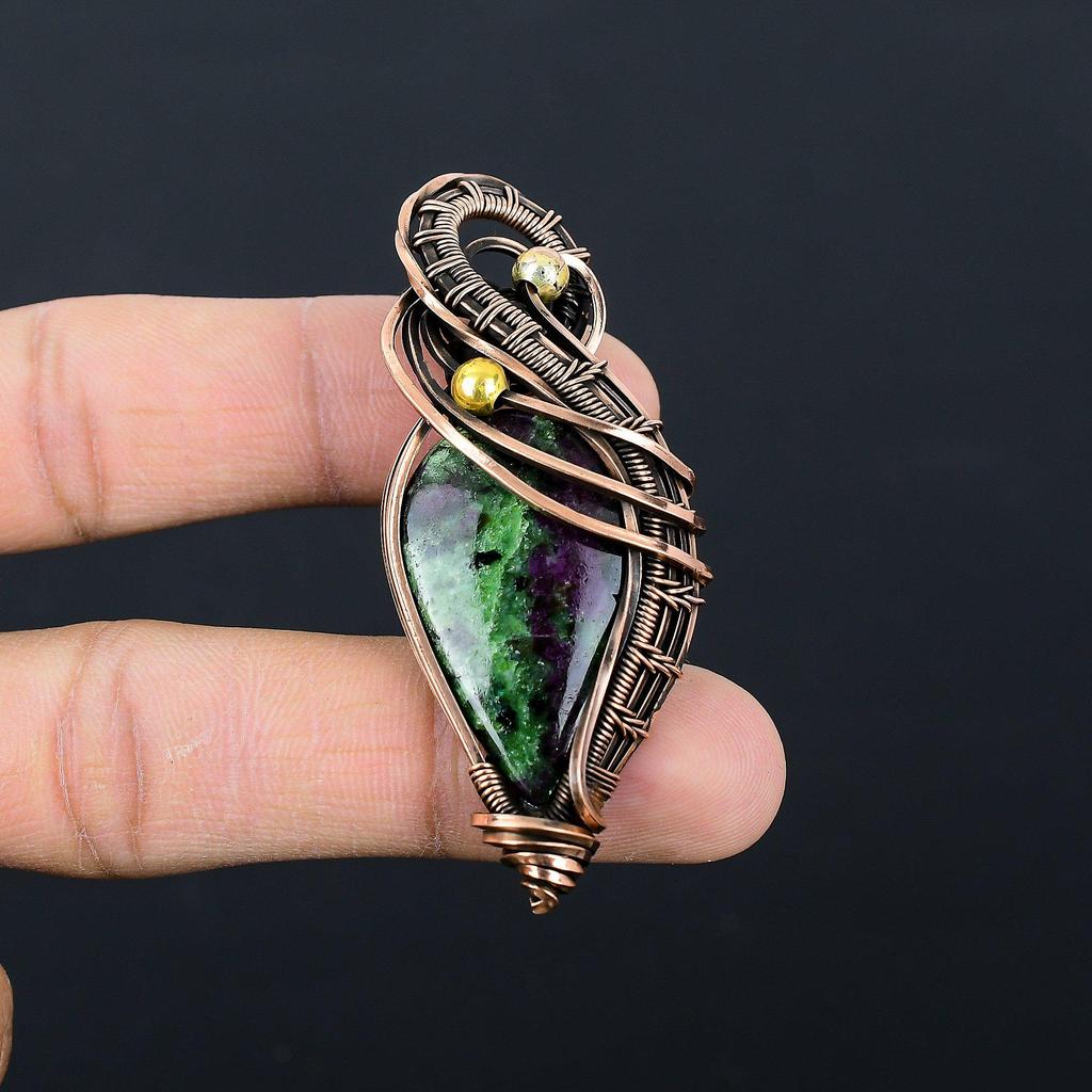Ruby Zoisite Gemstone Pure Copper Wire Wrapped Handmade Jewelry Pendant For Gift