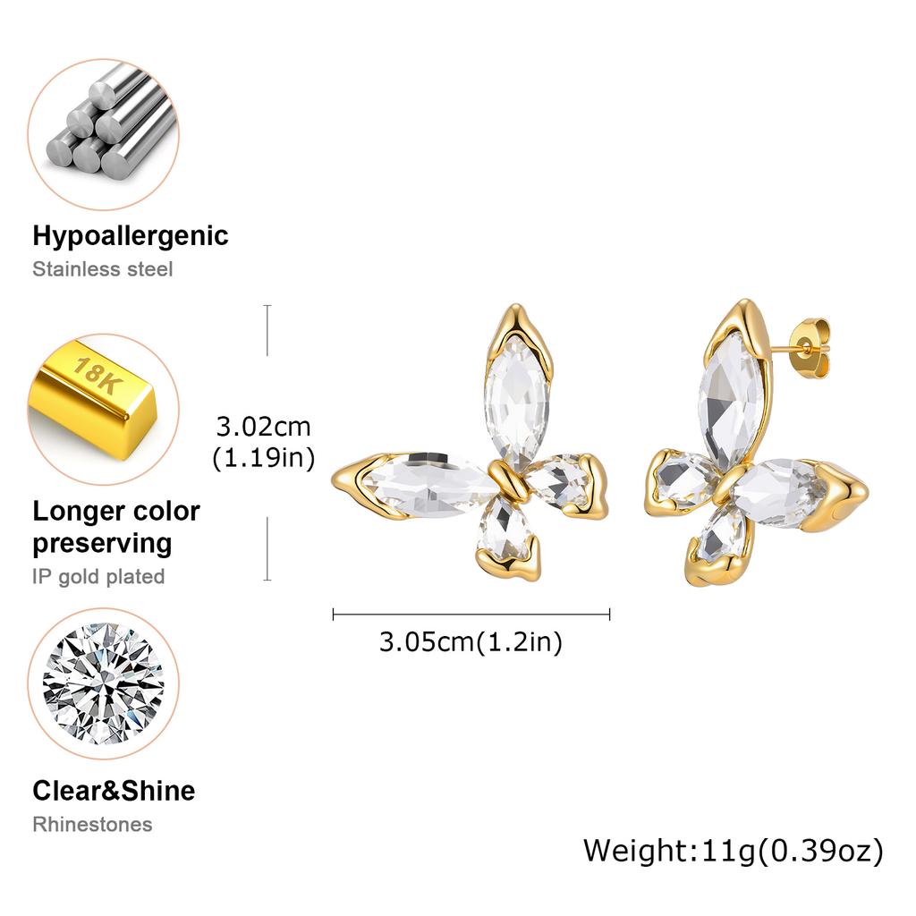Vnox Trendy Butterfly Zirconia Stud Earrings for Women Stainless Steel Gold Plated Heart Earrings Hypoallergenic Ear Jewelry