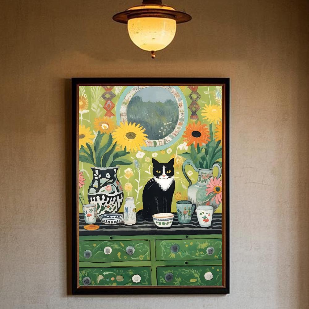 Art Green Bedroom and Cat Poster Minimalist Wall Art Print Canvas Painting Posters for Living Room Modern Home Decor
