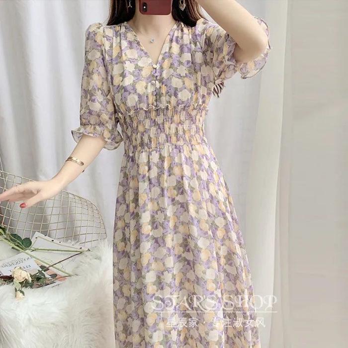 Květinové šaty s výstřihem do V, zeštíhlující pas, francouzský retro styl, 2024